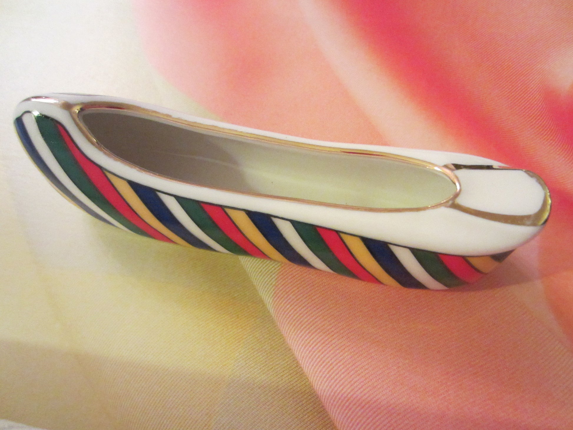 Porcelain Shoe Gilt Decorated Stripes Painted Ashtray Signed Dated 1942 - Designer Unique Finds 