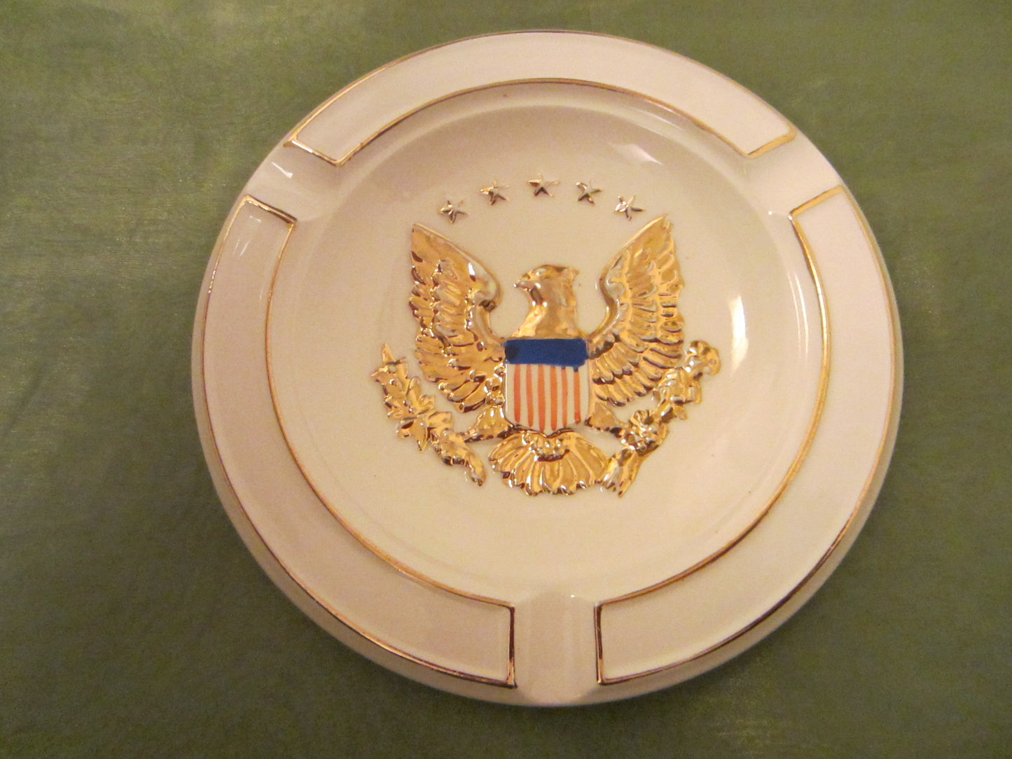 Eagle Crest Majolica Ashtray Porcelain Decorated Gold Patriot Stars Stripes - Designer Unique Finds 
 - 3