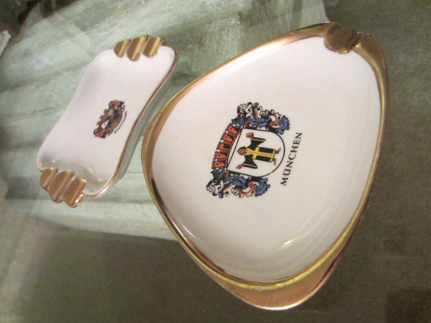 Bavaria Gilt Crest Shields Munchen Stuttgart Collectors Ashtrays - Designer Unique Finds 
