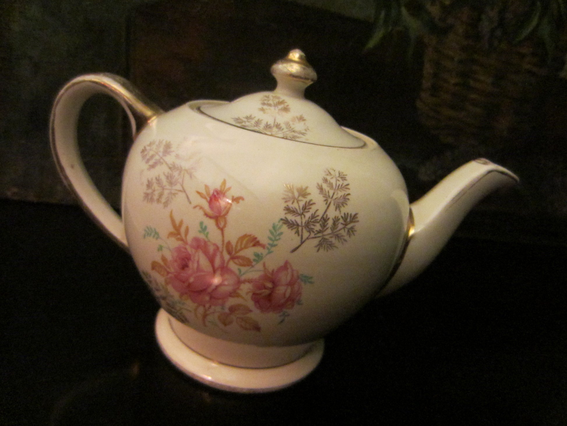 Sadler England Teapot Gilt Decorated Pink Flowers JE Initial - Designer Unique Finds 