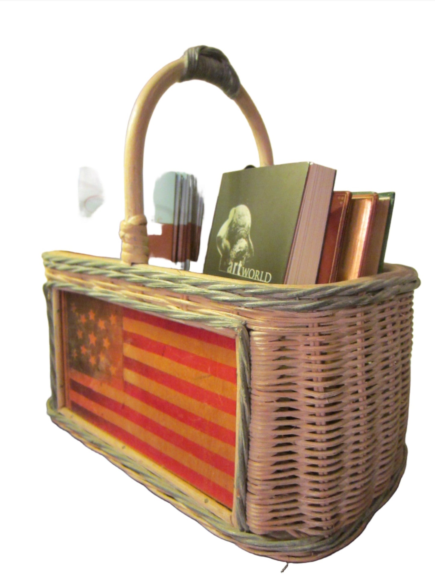 Mid Century Folk Art American Flag Patriotic Decorative Weave Basket - Designer Unique Finds 