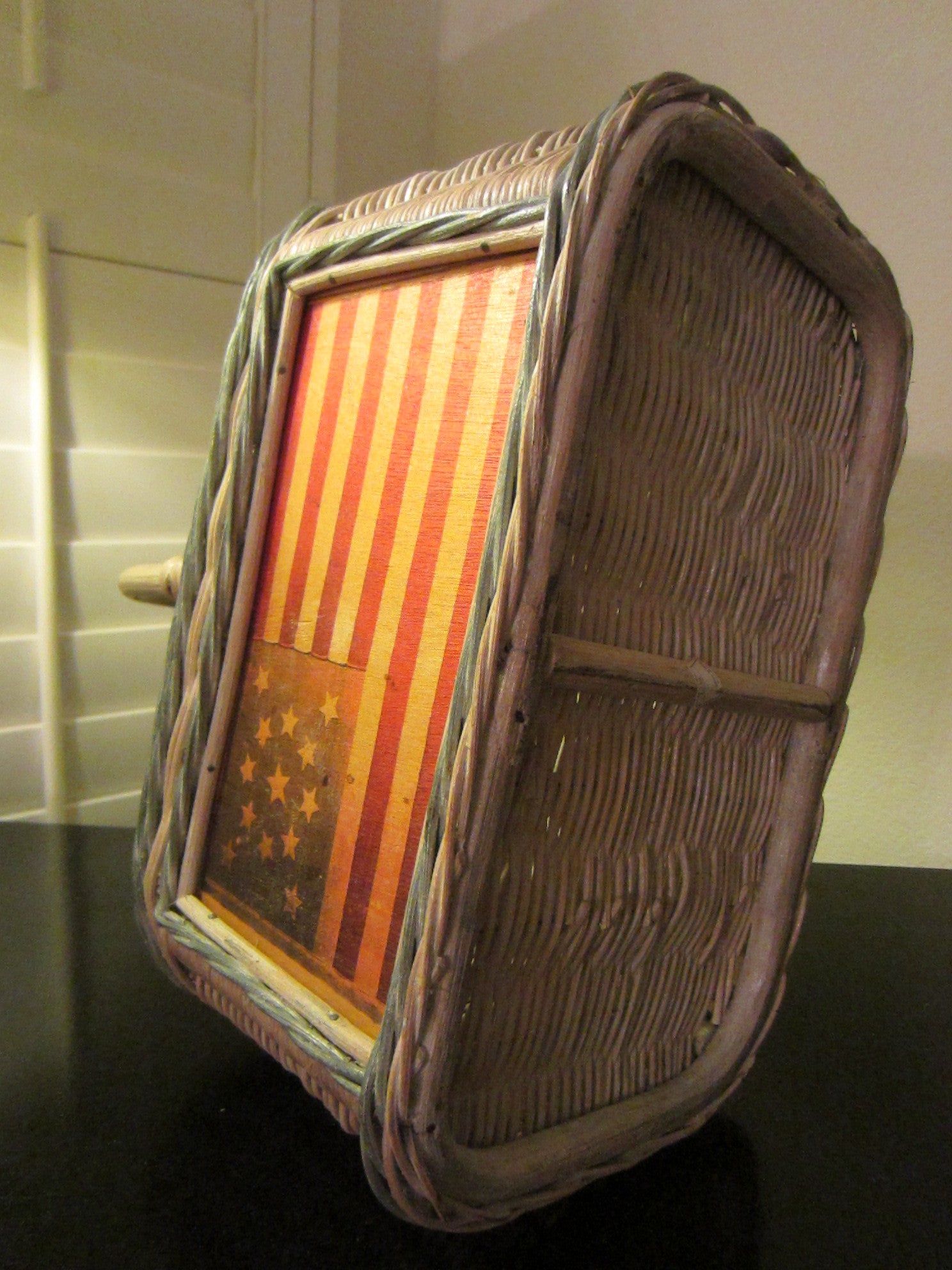 Mid Century Folk Art American Flag Patriotic Decorative Weave Basket - Designer Unique Finds 