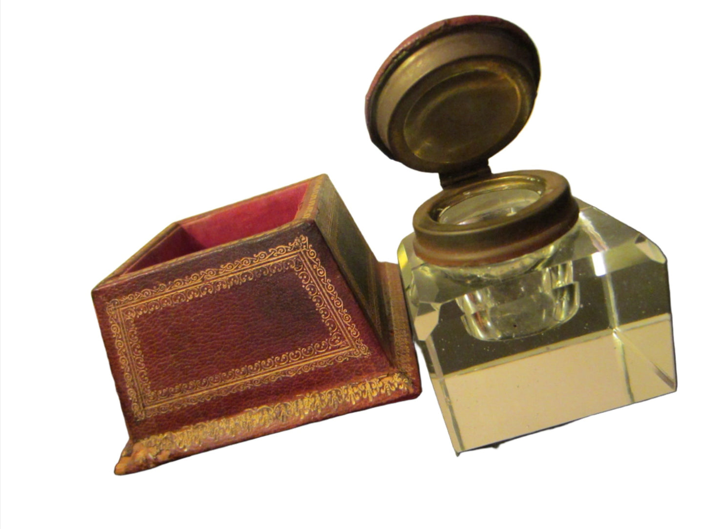 Italian Crystal Inkwell Emboss Gold Shield Brown Leather Case