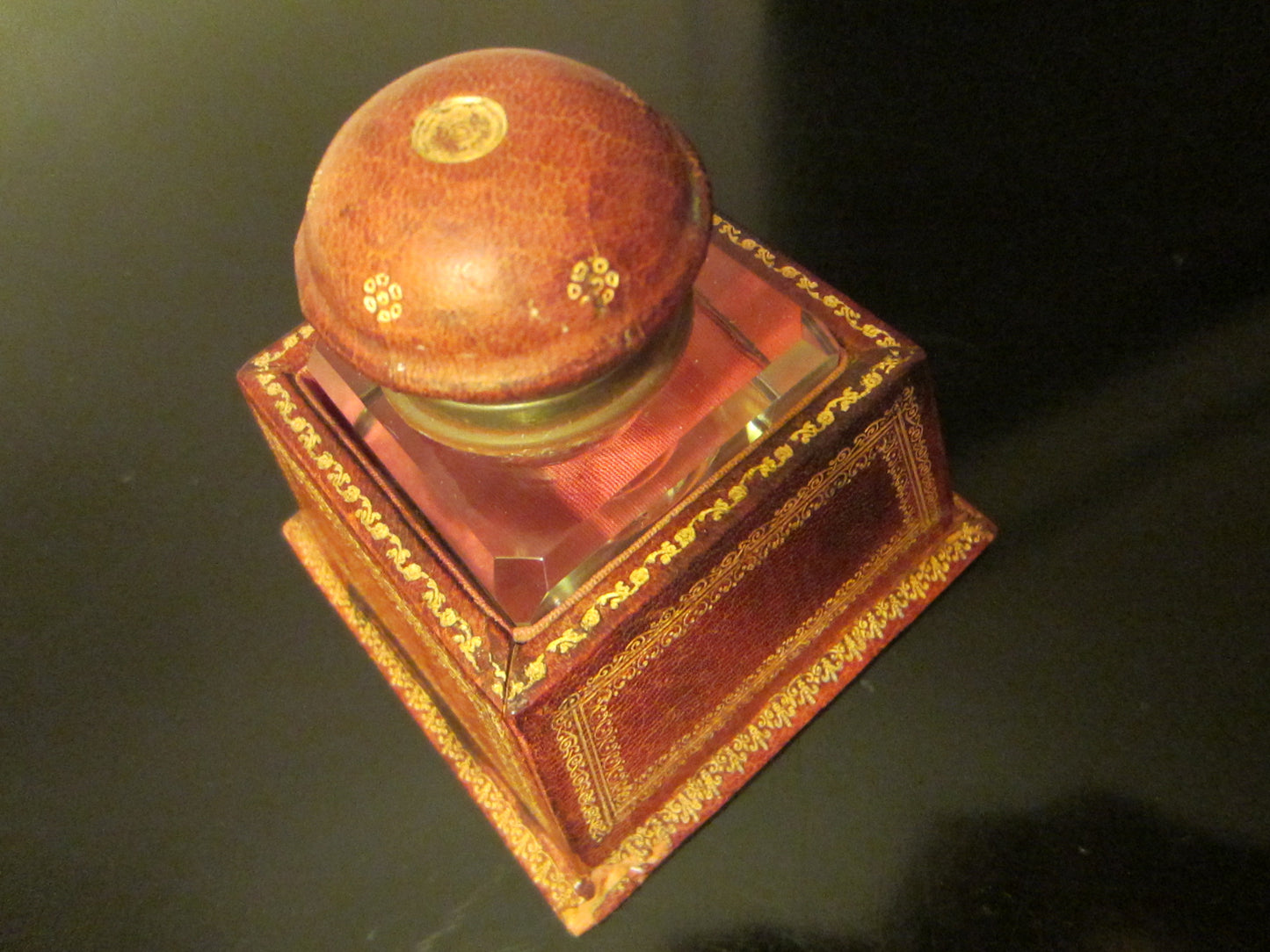 Italian Crystal Inkwell Emboss Gold Shield Leather Covered Case Stand - Designer Unique Finds 