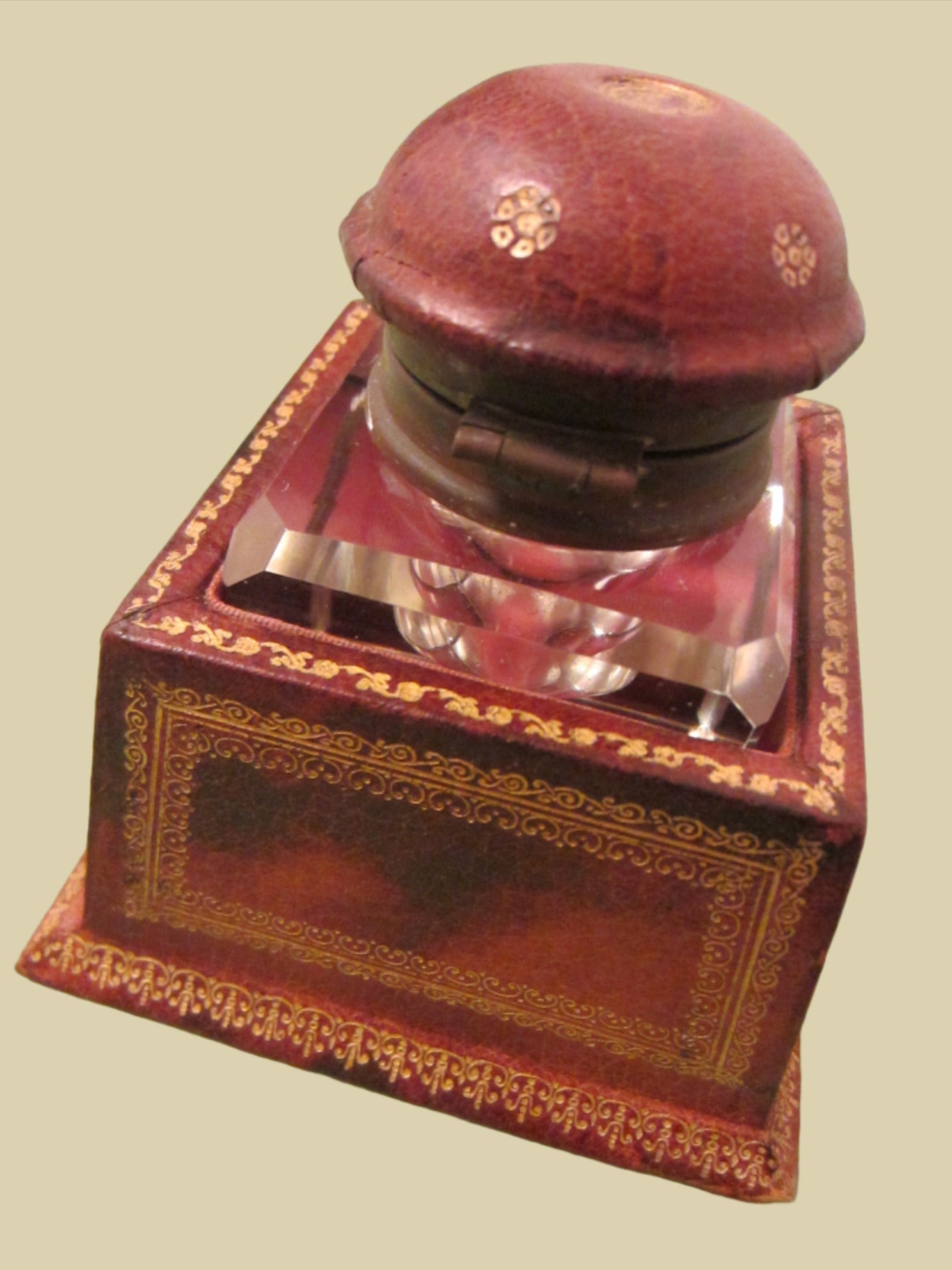 Italian Crystal Inkwell Emboss Gold Shield Leather Covered Case Stand - Designer Unique Finds 