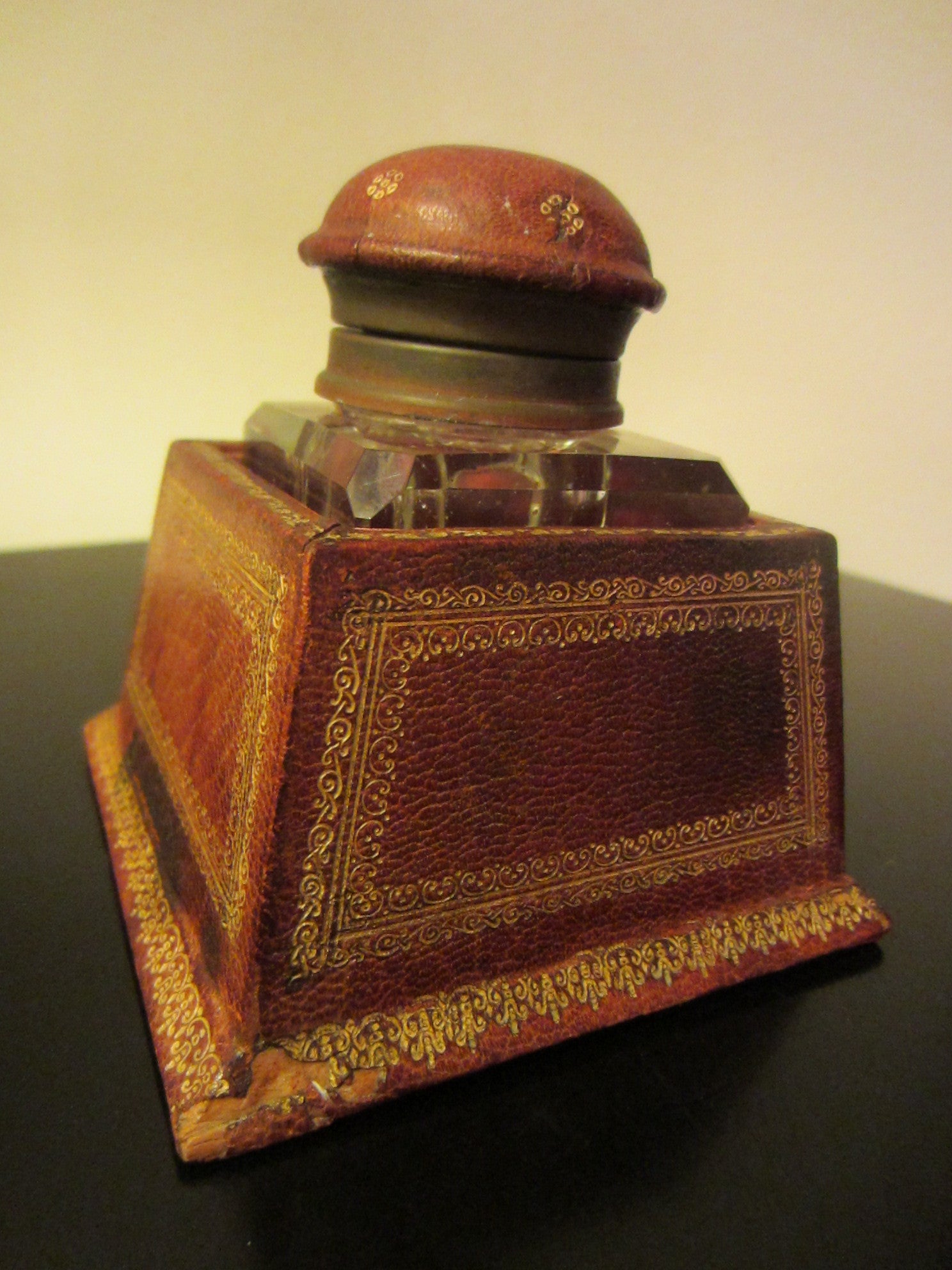 Italian Crystal Inkwell Emboss Gold Shield Leather Covered Case Stand - Designer Unique Finds 