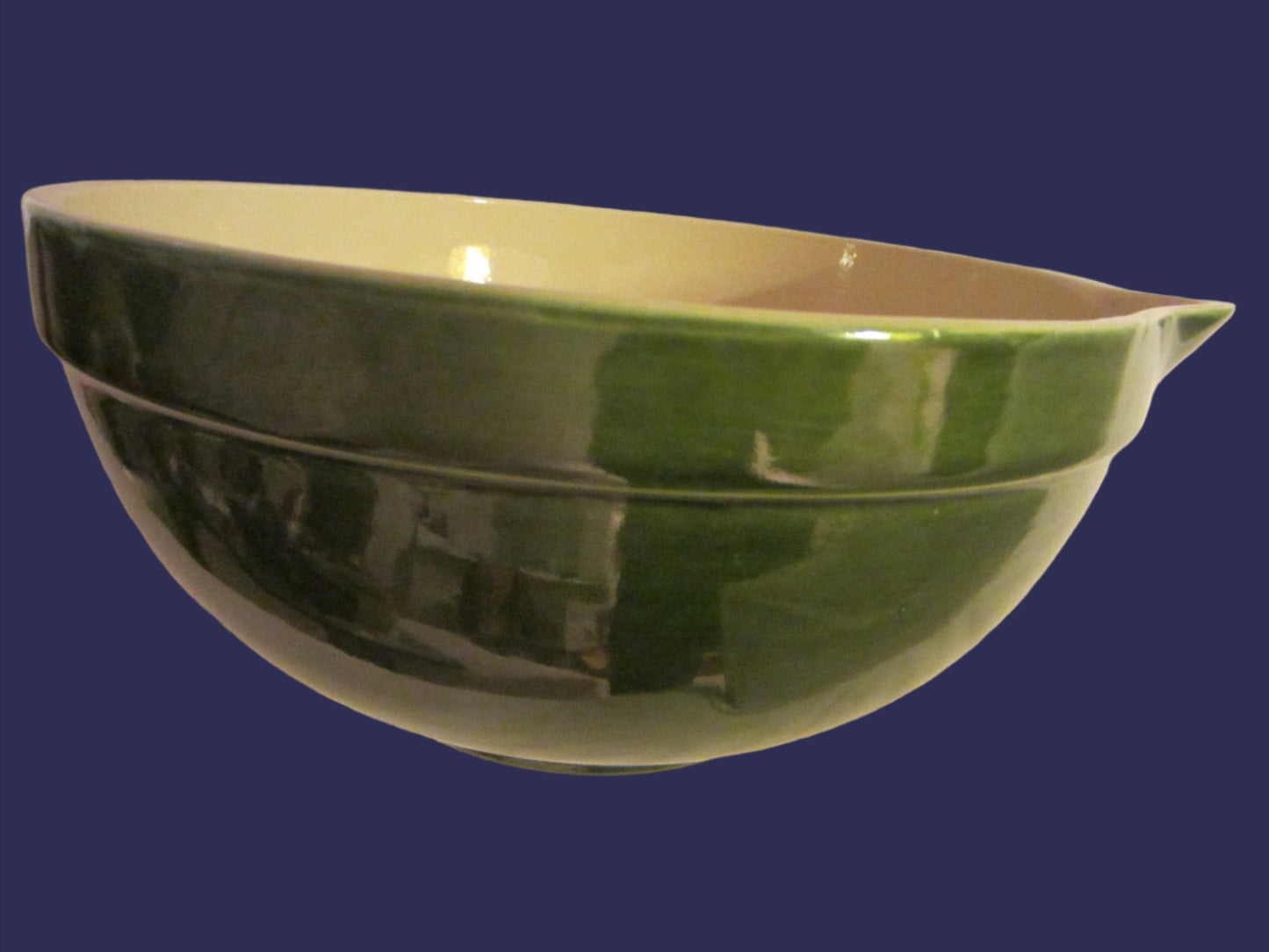 Green Ceramic Mixing Bowl Folk Art Pottery White Interior - Designer Unique Finds 