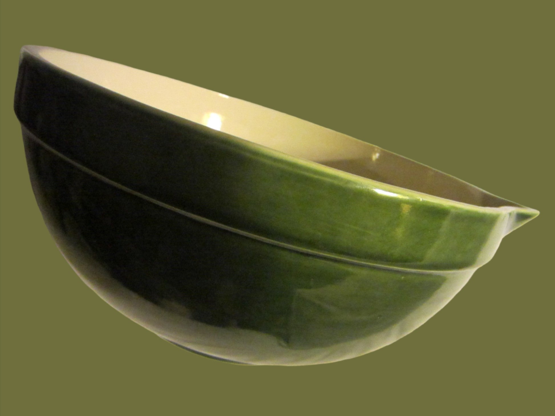 Green Ceramic Mixing Bowl Folk Art Pottery White Interior - Designer Unique Finds 