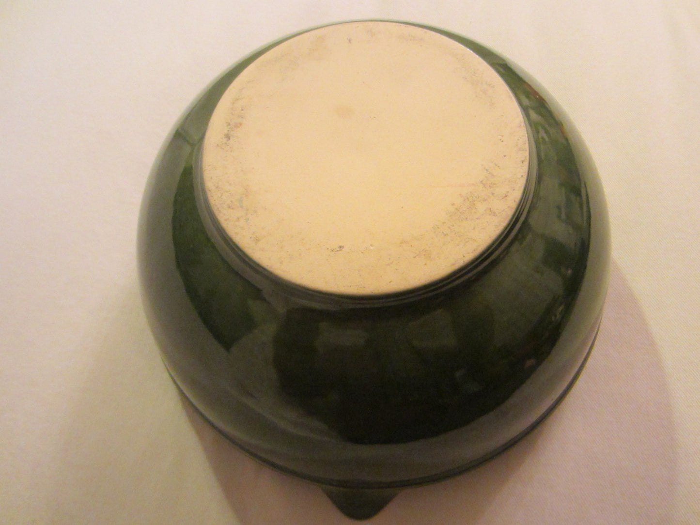 Green Ceramic Mixing Bowl Folk Art Pottery White Interior - Designer Unique Finds 