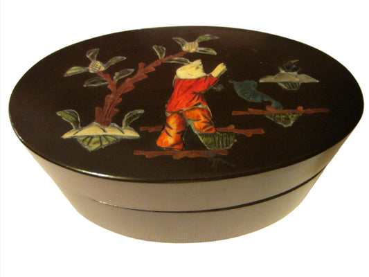 Mahogany Oval Box Applied Japanese Inlaid Character - Designer Unique Finds 