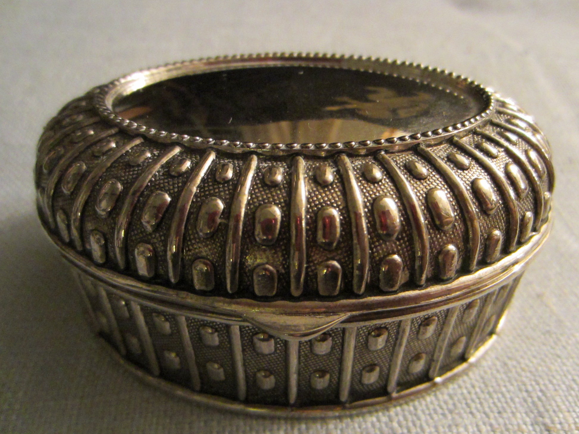 Pewter Jewelry Box Art Deco Oval Design Textile Lined - Designer Unique Finds 