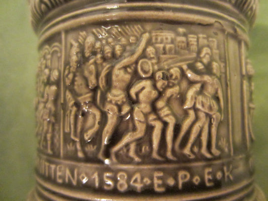 Germany Majolica Ceramic Cracker Covered Jar Descriptive Figurative Signed - Designer Unique Finds 