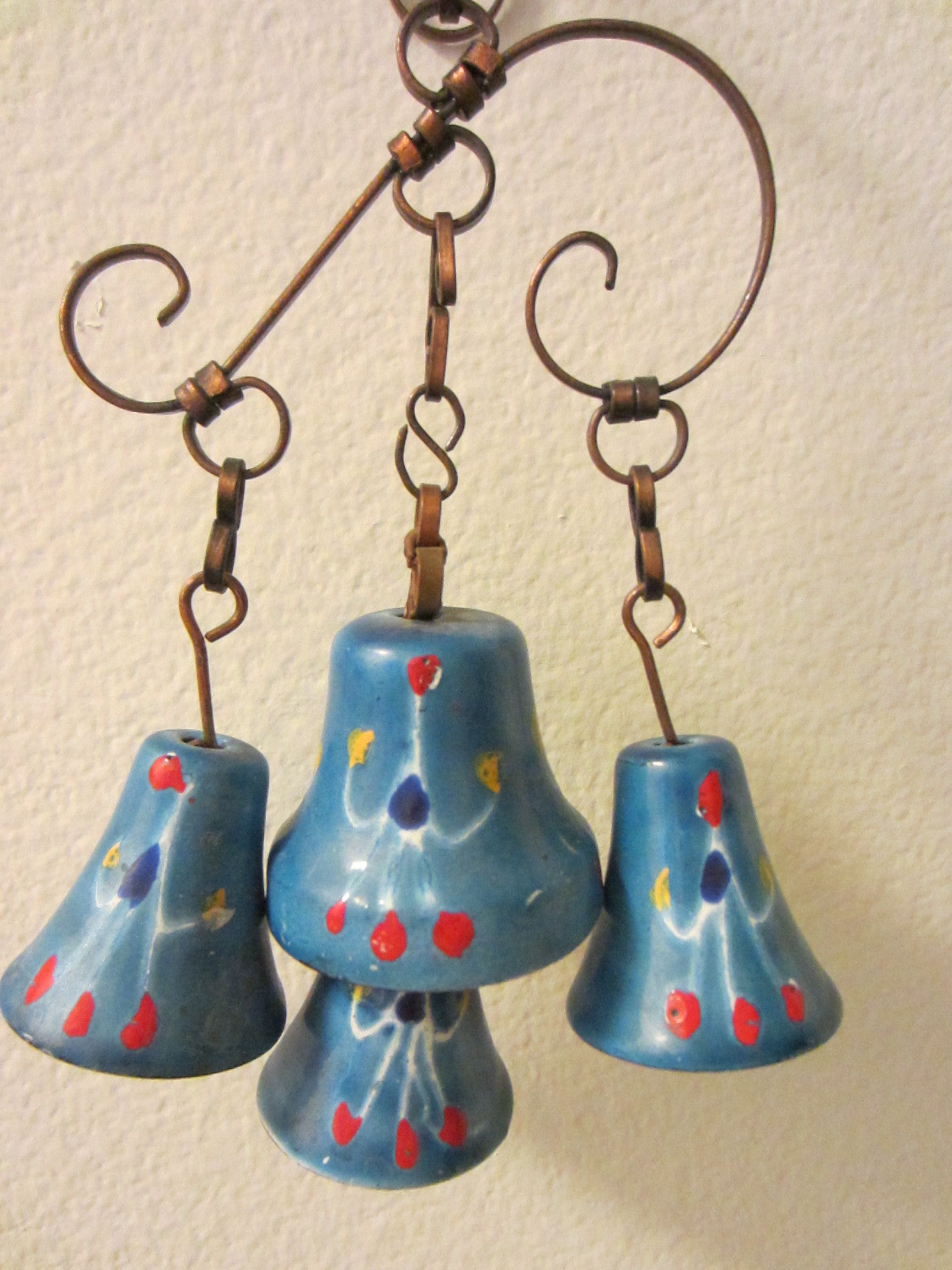 Blue Enamel Hanging Bells Copper Base Decorated Red Accent Glazed - Designer Unique Finds 