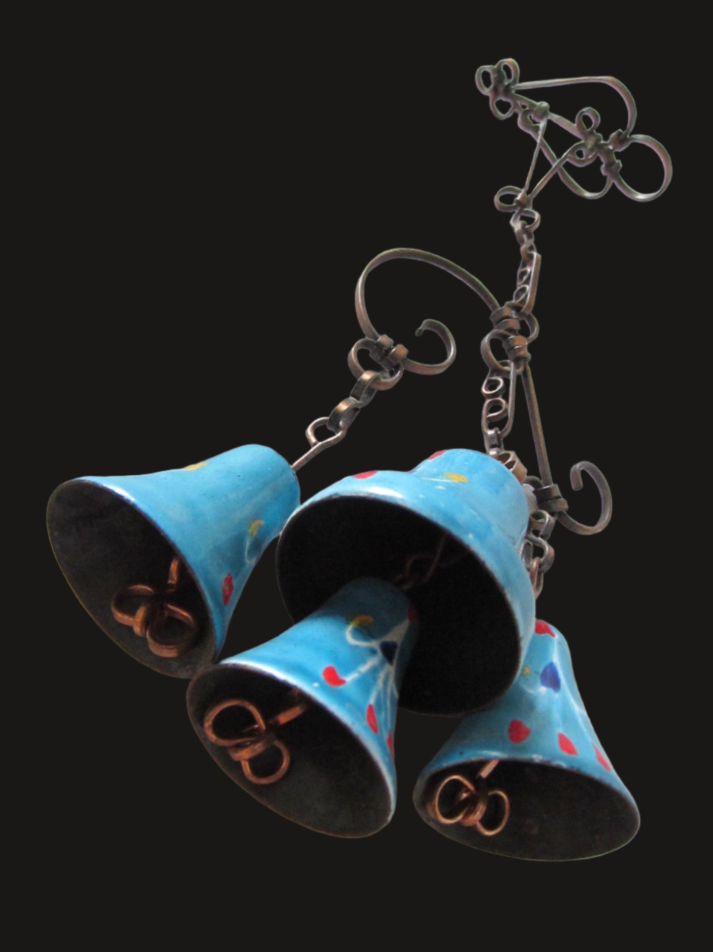 Blue Enamel Hanging Bells Copper Base Decorated Red Accent Glazed - Designer Unique Finds 