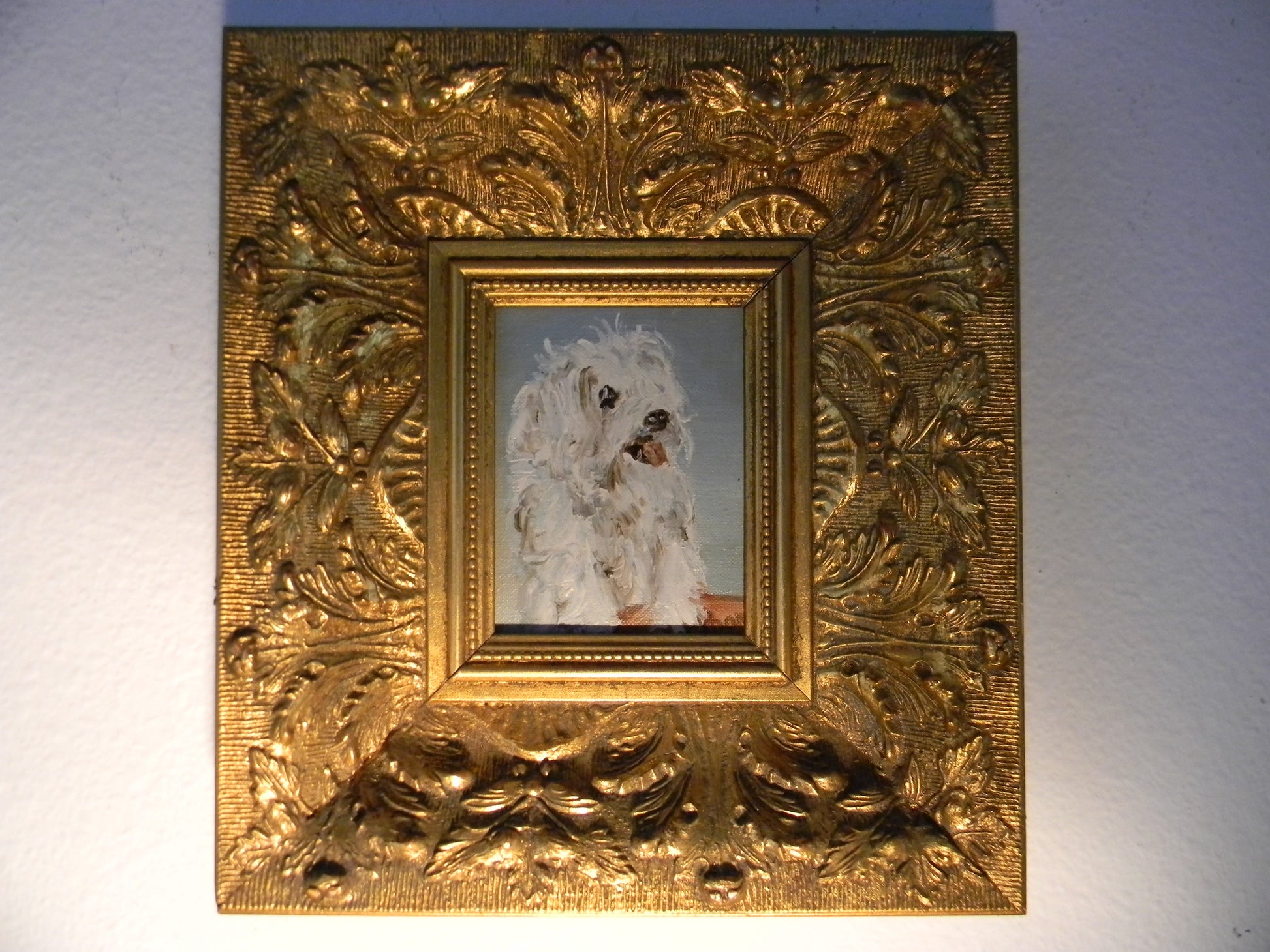 White Poodle Dog Painting Signed Oil On Board - Designer Unique Finds 