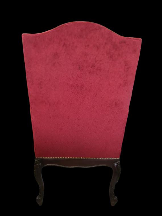 Studded Red Fabric Bassett Arm Chair Dark Wood Scrolled High Back - Designer Unique Finds 
 - 7