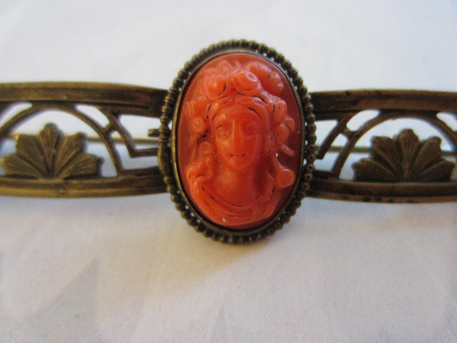 Victorian Cameo Bar Brooch Brass Floral Openwork - Designer Unique Finds 
 - 5