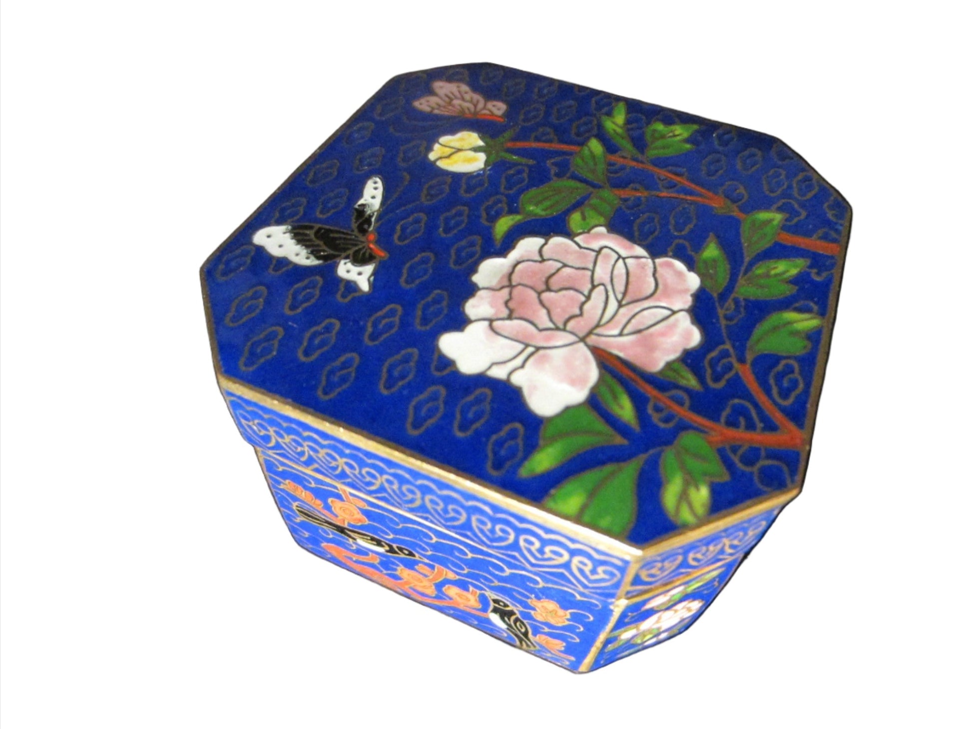 Asian Cloisonne Blue Hexagon Trinket Box Flower Bird Enameling - Designer Unique Finds 
 - 1