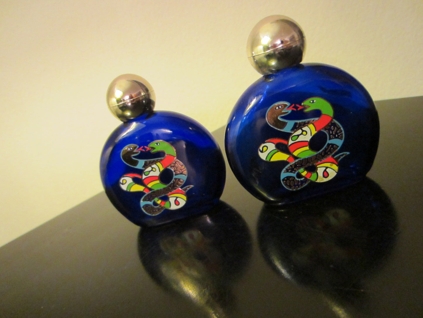 Niki de Saint Phalle Cobalt Glass Painted Perfume Bottles In Pair - Designer Unique Finds 