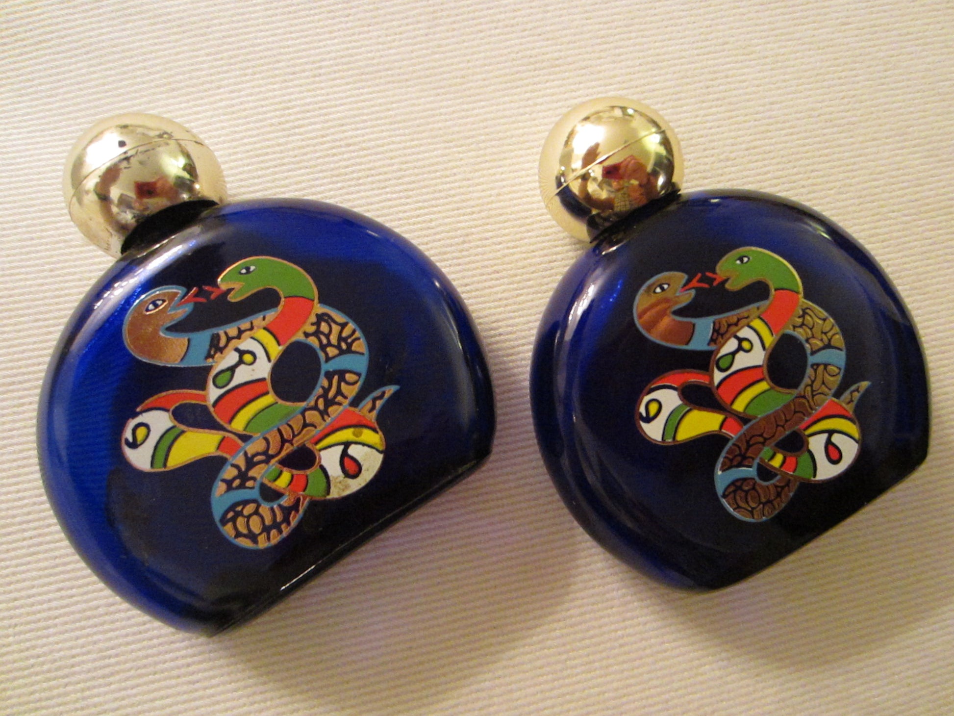 Niki de Saint Phalle Cobalt Glass Painted Perfume Bottles In Pair - Designer Unique Finds 