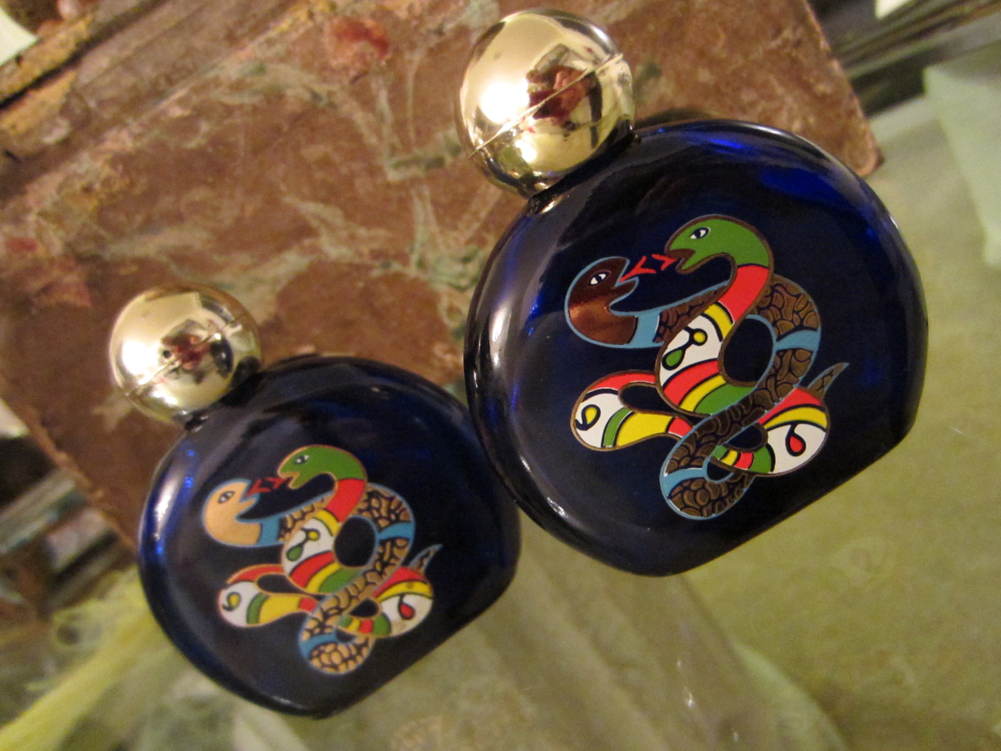 Niki de Saint Phalle Cobalt Glass Painted Perfume Bottles In Pair - Designer Unique Finds 