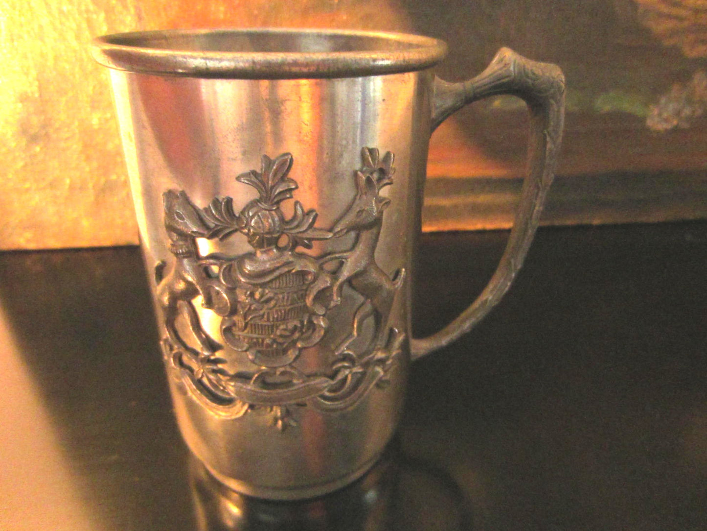 Norsk Tinn Pewter Norway Antique Mug Animated Crested Coat of Arm