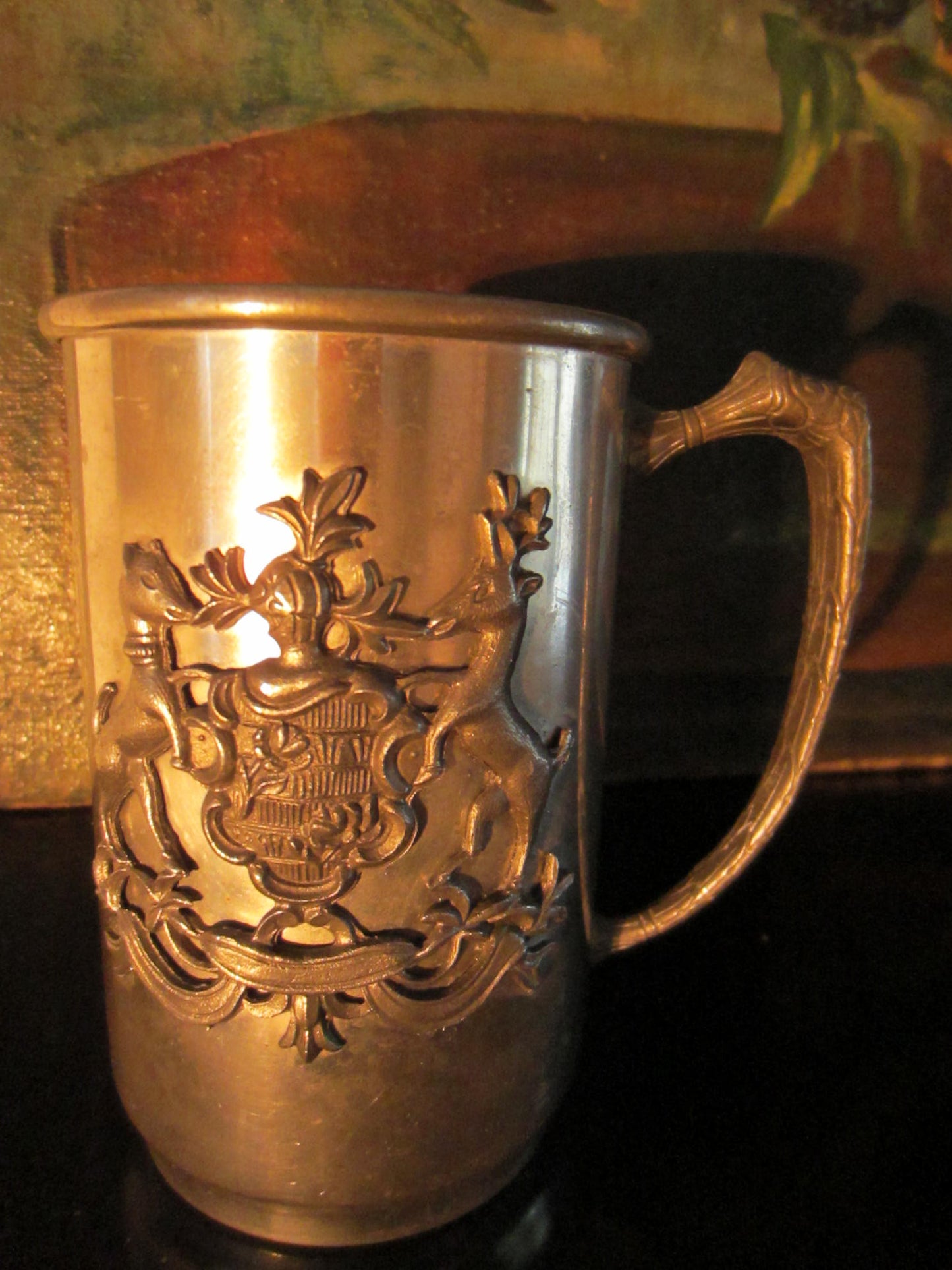 Norsk Tinn Pewter Norway Antique Mug Animated Crested Coat of Arm