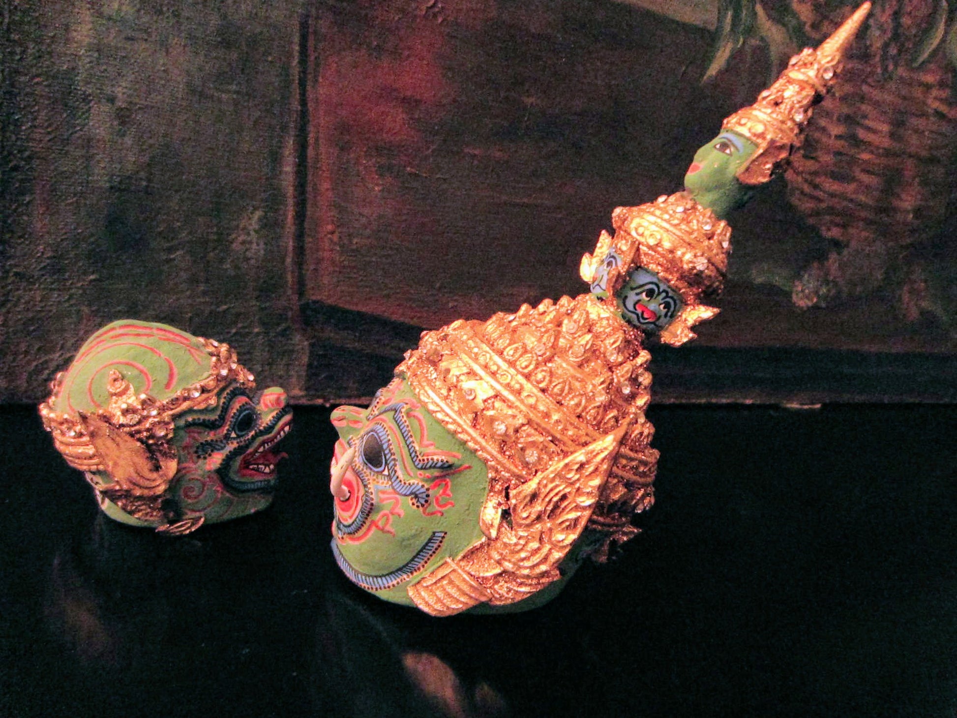 Thai Khon Tiara Paper Mache Green Gold  Decorated Jeweled Masks