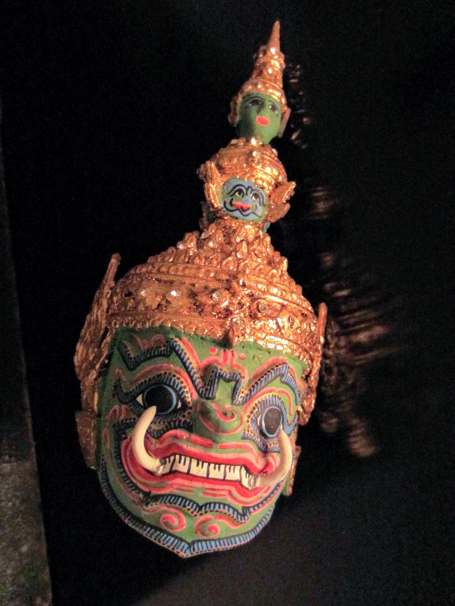 Thai Khon Tiara Paper Mache Green Gold  Decorated Jeweled Masks