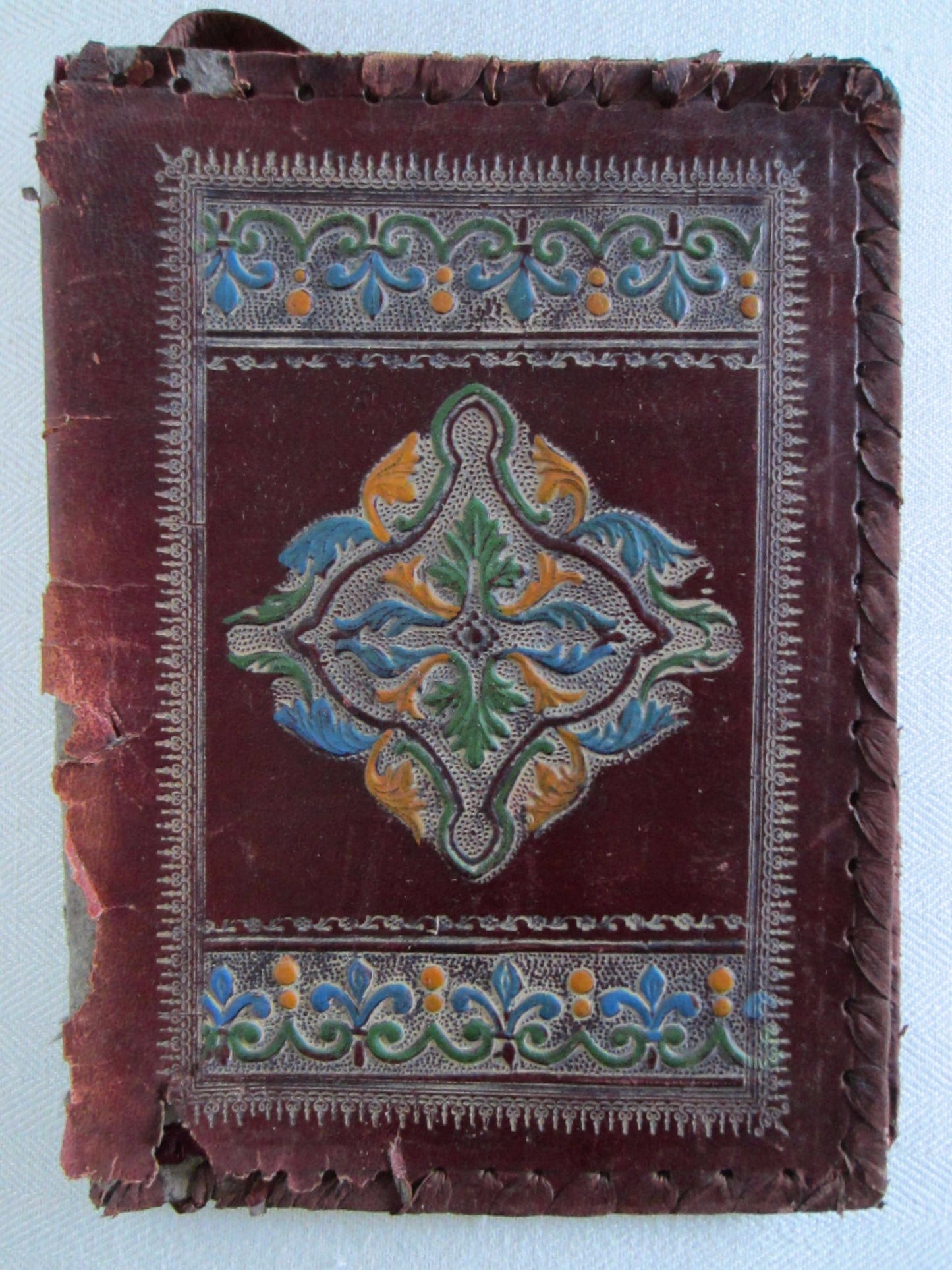 Italian Red Leather Book Cover Emboss Medallion - Designer Unique Finds 