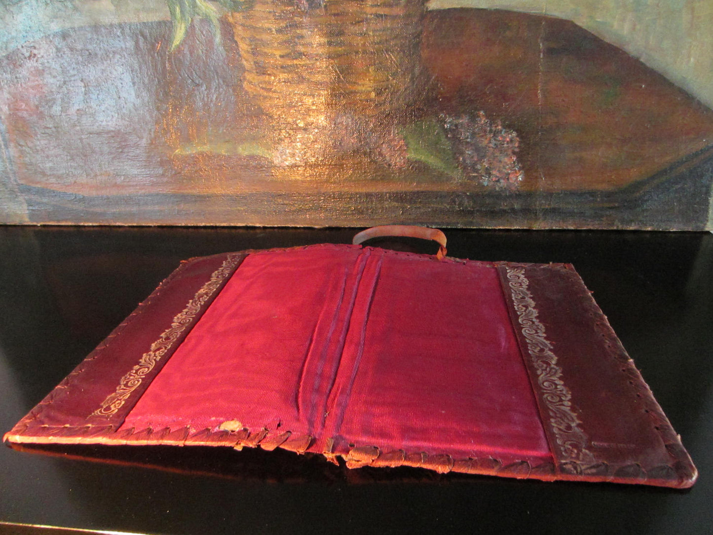 Italian Red Leather Book Cover Emboss Medallion - Designer Unique Finds 