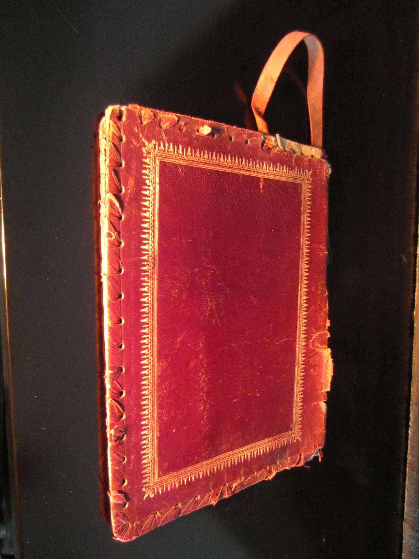 Italian Red Leather Book Cover Emboss Medallion - Designer Unique Finds 