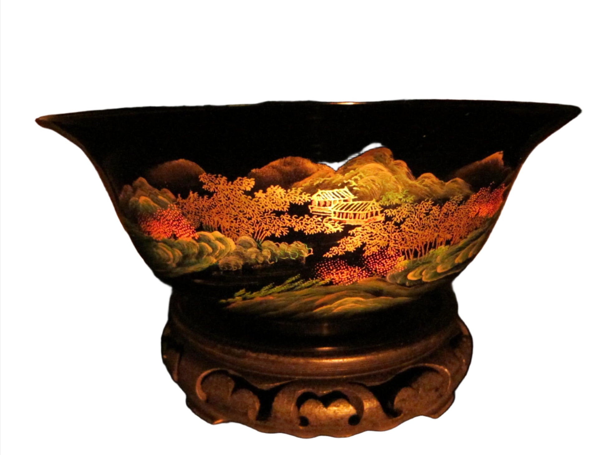 Chinoiserie Chinese Black Lacquered Scenic Golden Bowl Hand Painted Koi Fish - Designer Unique Finds 
 - 5