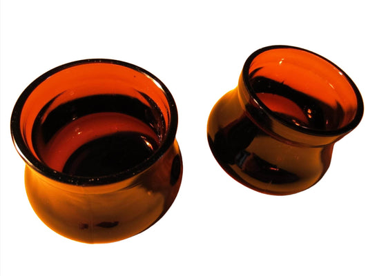 Contemporary Pair Dark Glass Amber Votive Candle Holders With Monograms - Designer Unique Finds 