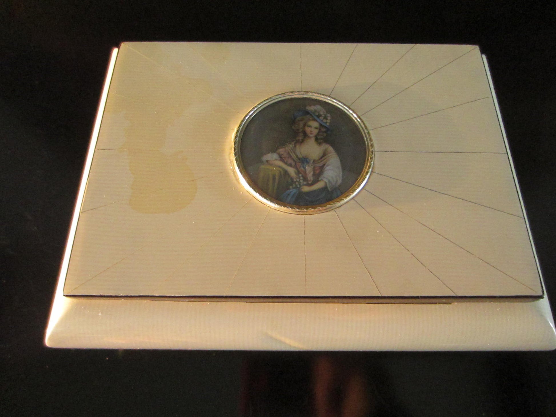 Victorian Style White Lacquered Italian Musical Jewelry Box Paper Portrait Medallion - Designer Unique Finds 