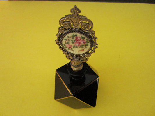 Art Deco Black Glass Perfume Bottle Ormolu Enameled Filigree Stopper - Designer Unique Finds 
 - 4