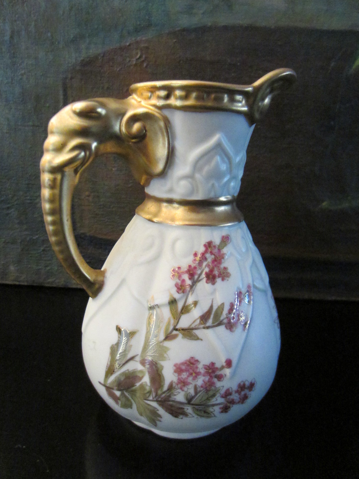 Royal Worcester Jug Porcelain Pitcher Elephant Gold Handle - Designer Unique Finds 