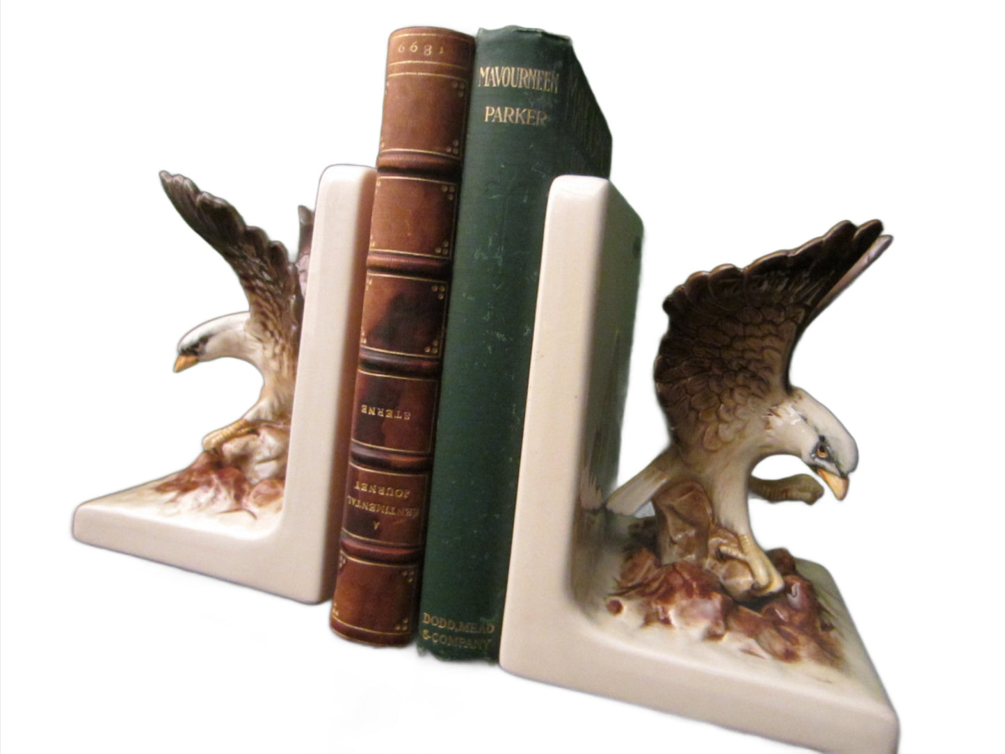 Ceramic Bald Eagle Hand Painted Bookends Mountain Scene - Designer Unique Finds 