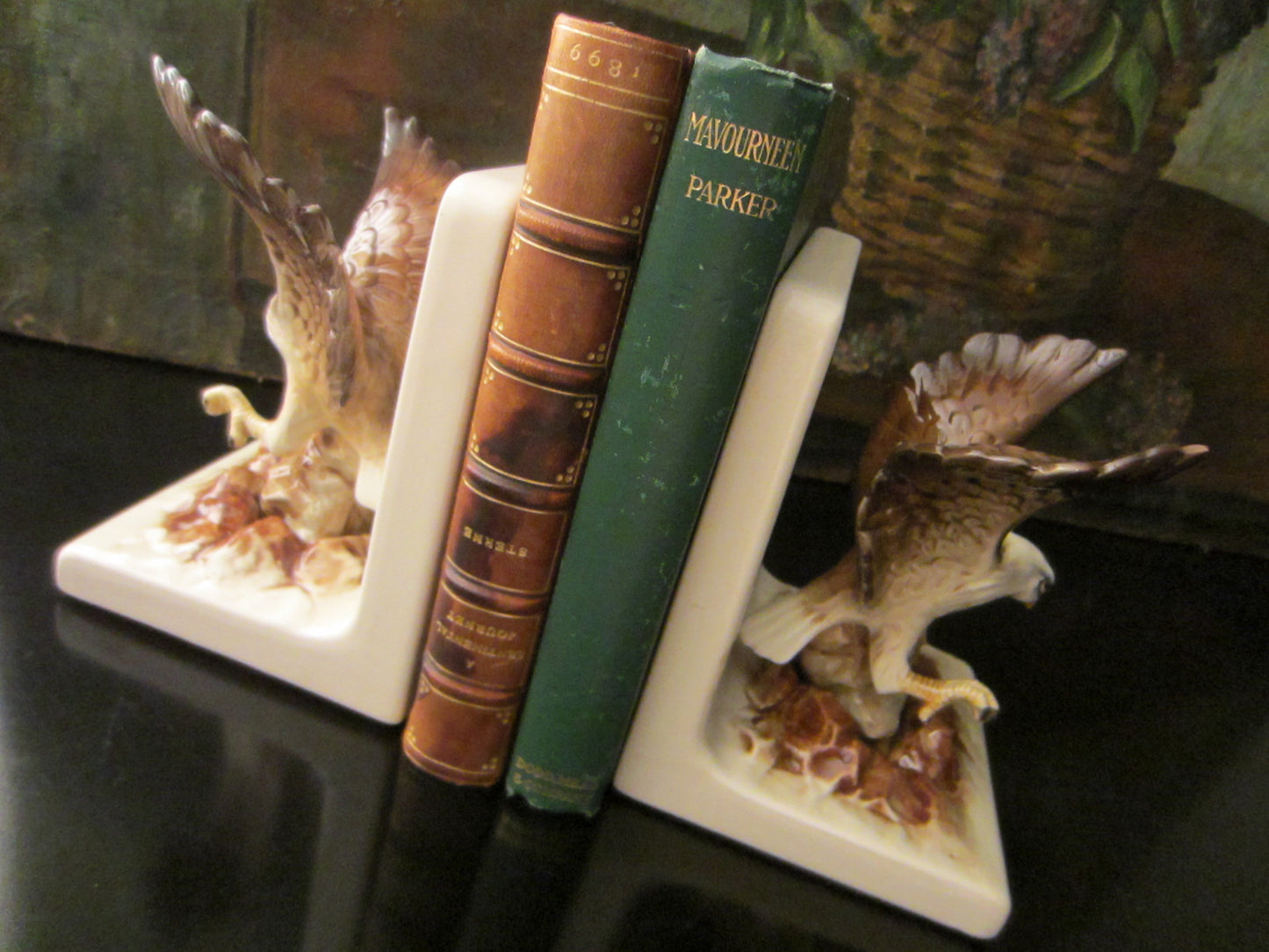 White Ceramic Bookends Hand Painted Eagles