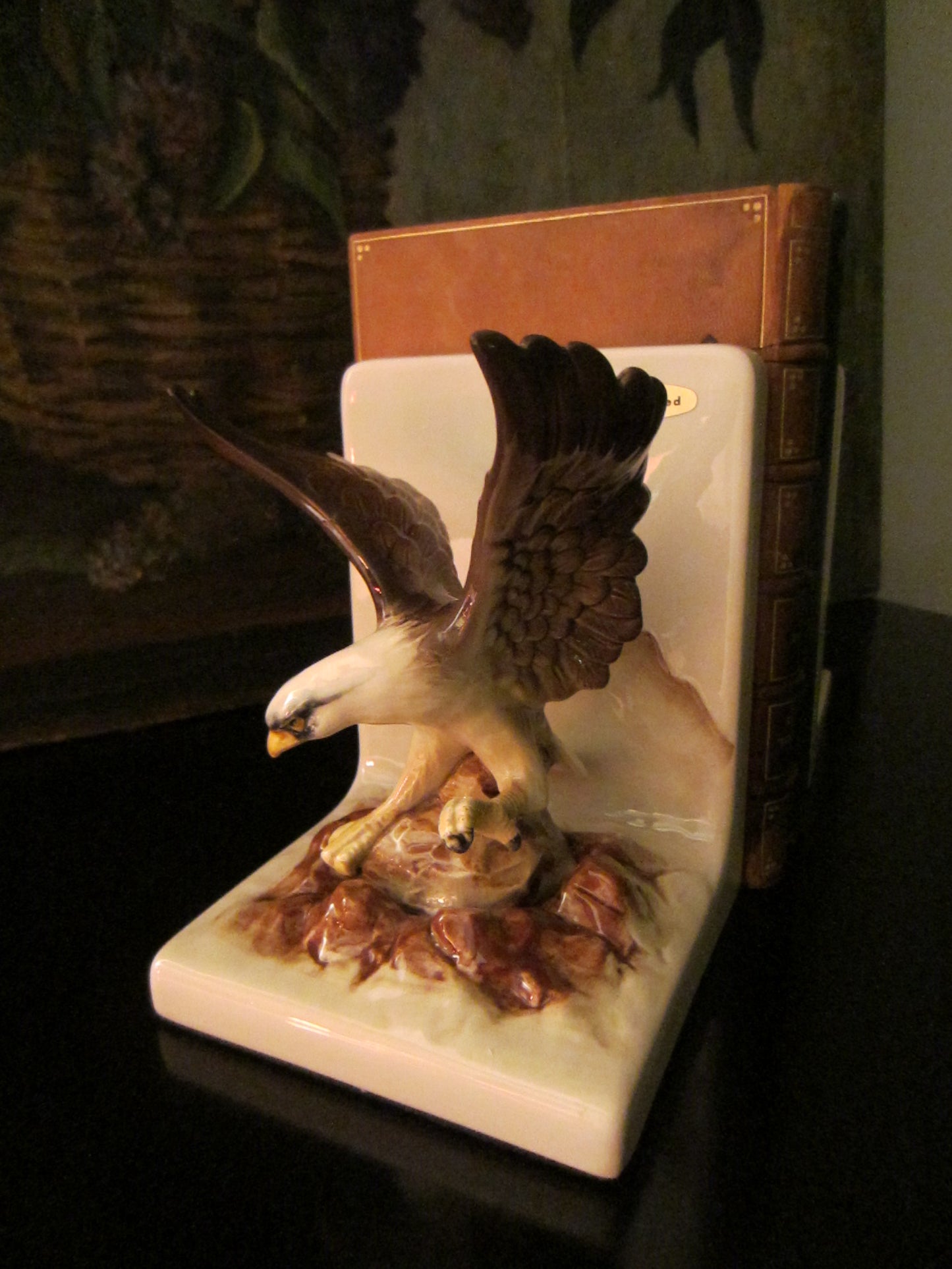 White Ceramic Bookends Hand Painted Eagles