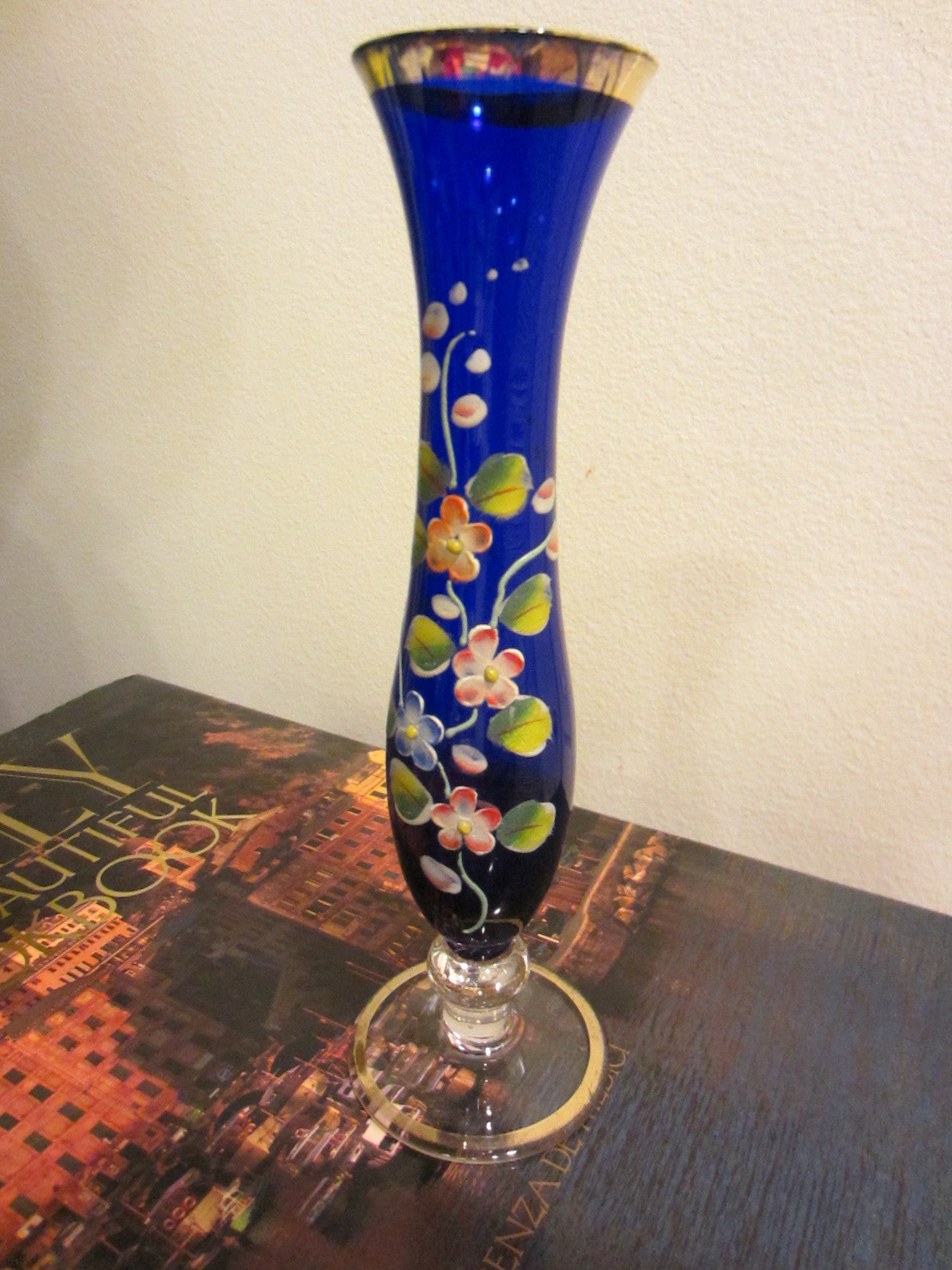 Bud Vase Glass Stem Hand Painted Colored Flowers Enameling - Designer Unique Finds 
 - 1