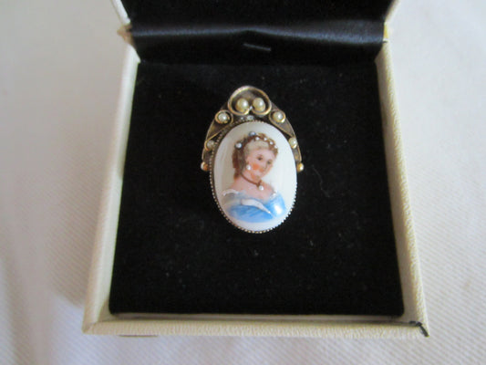 Limoges France Hand Painted Cameo Portrait Brooch - Designer Unique Finds 