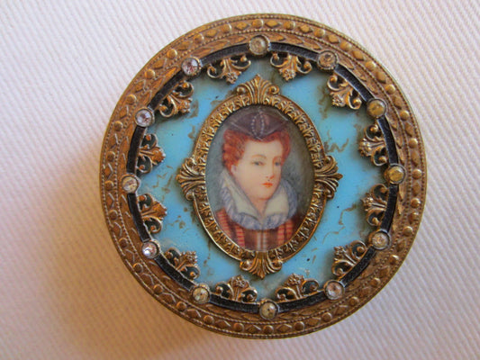 Victorian Champleve Italian Gilt Bronze Jeweled Portrait Compact - Designer Unique Finds 