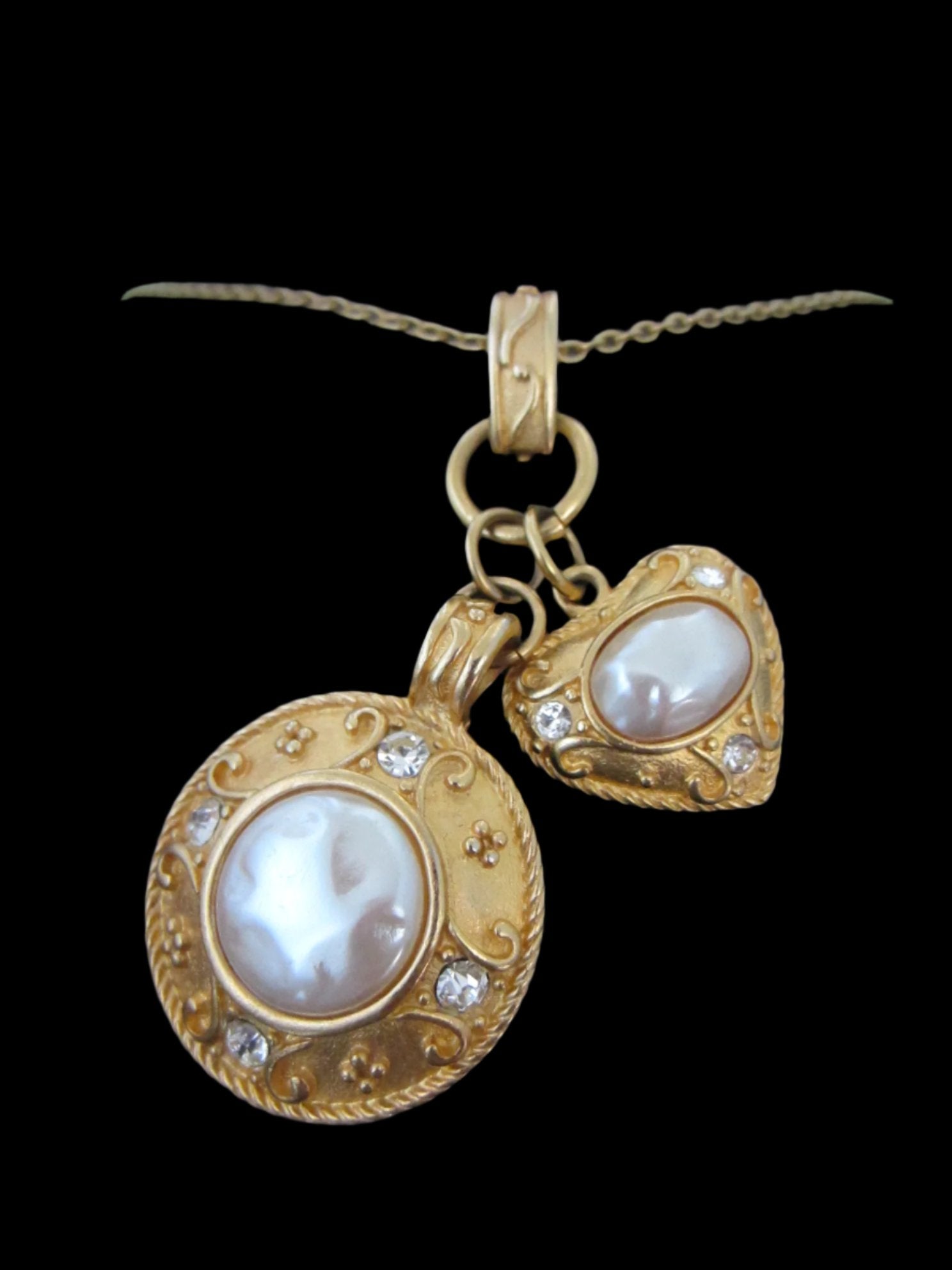 Golden Pendants Decorated Rhinestones Pearl Cabochons Circle And Hearts On Chain - Designer Unique Finds 