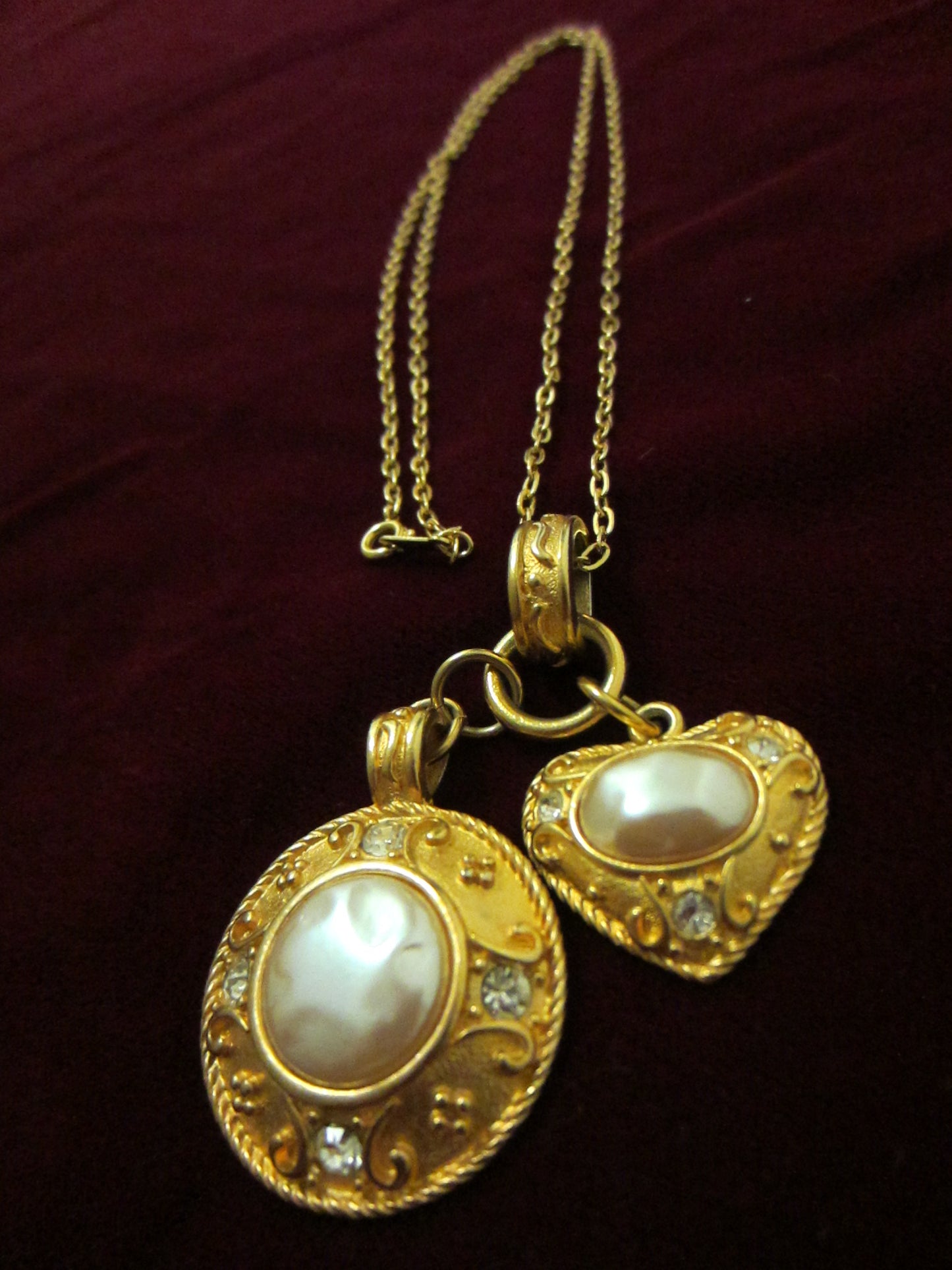 Golden Pendants Decorated Rhinestones Pearl Cabochons Circle And Hearts On Chain - Designer Unique Finds 