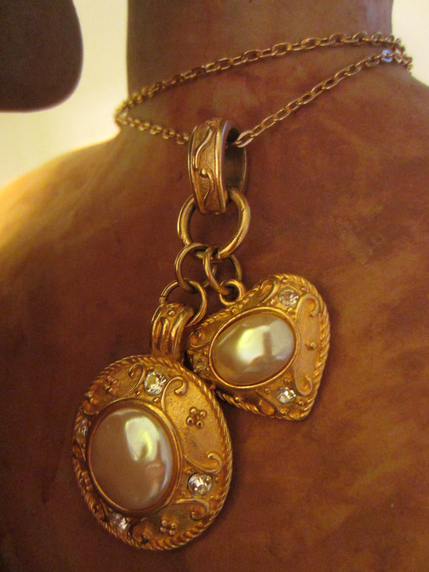 Golden Pendants Decorated Rhinestones Pearl Cabochons Circle And Hearts On Chain - Designer Unique Finds 