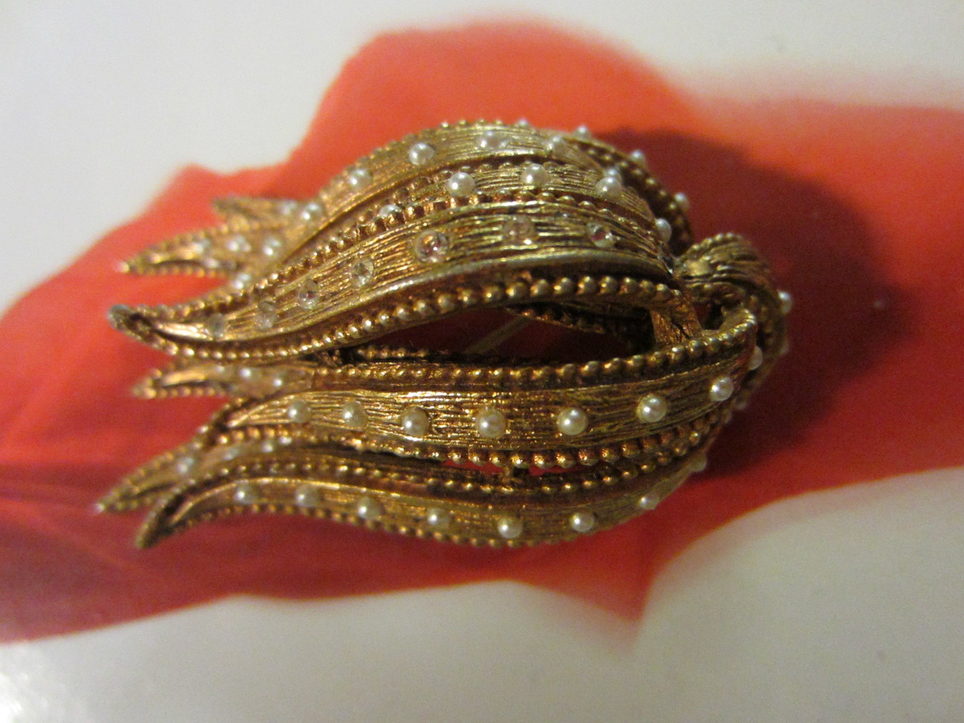 Golden Tulip Brooch Rhinestones Seed Pearls Decoration - Designer Unique Finds 
 - 4