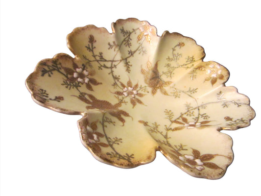 Asian Scallop Gold Silver Leaf Floral Enamel Porcelain  Bowl - Designer Unique Finds 