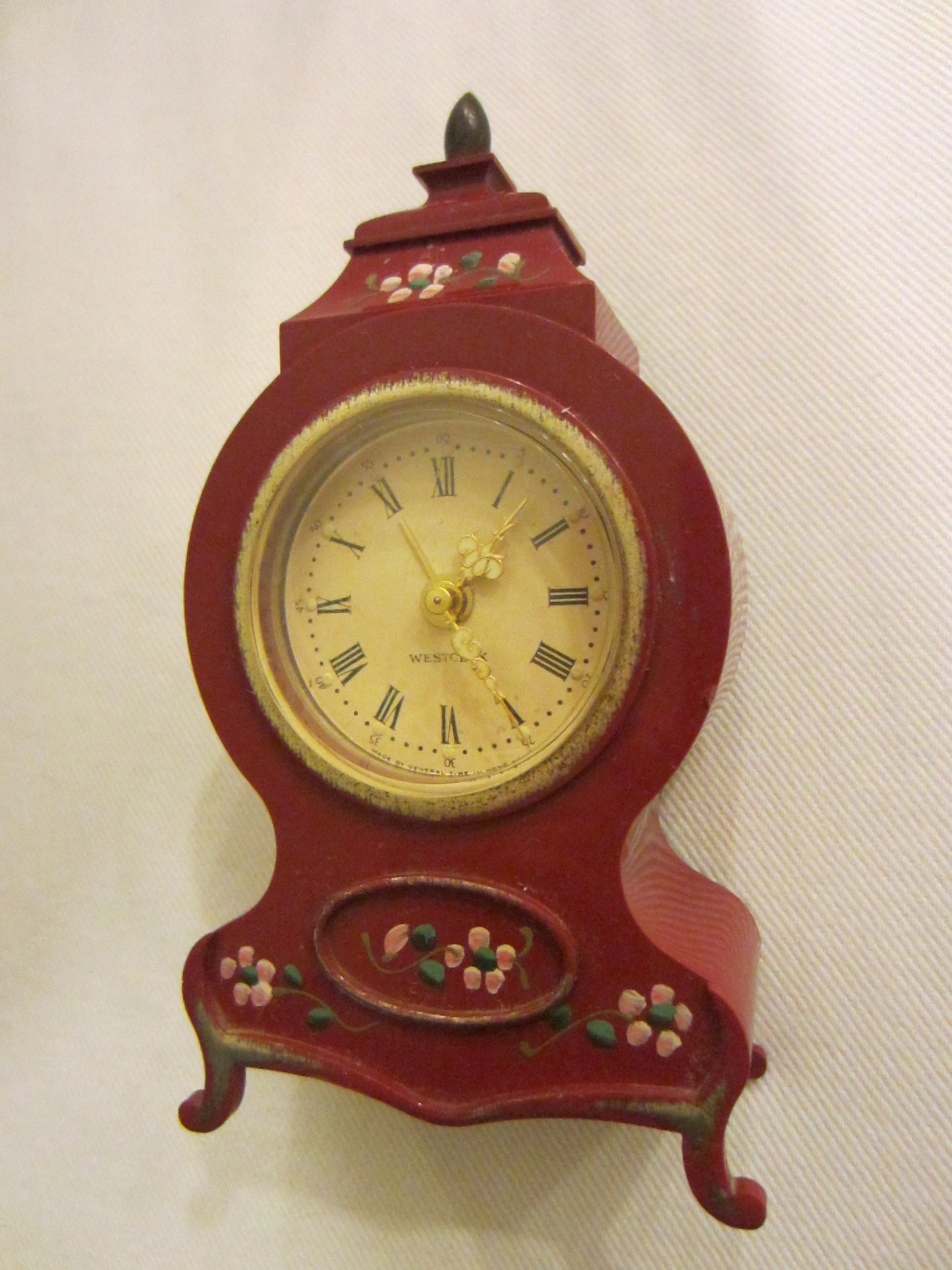 Westclox Burgundy Mantle Clock Hand Wind Alarm Footed Floral Medallion - Designer Unique Finds 