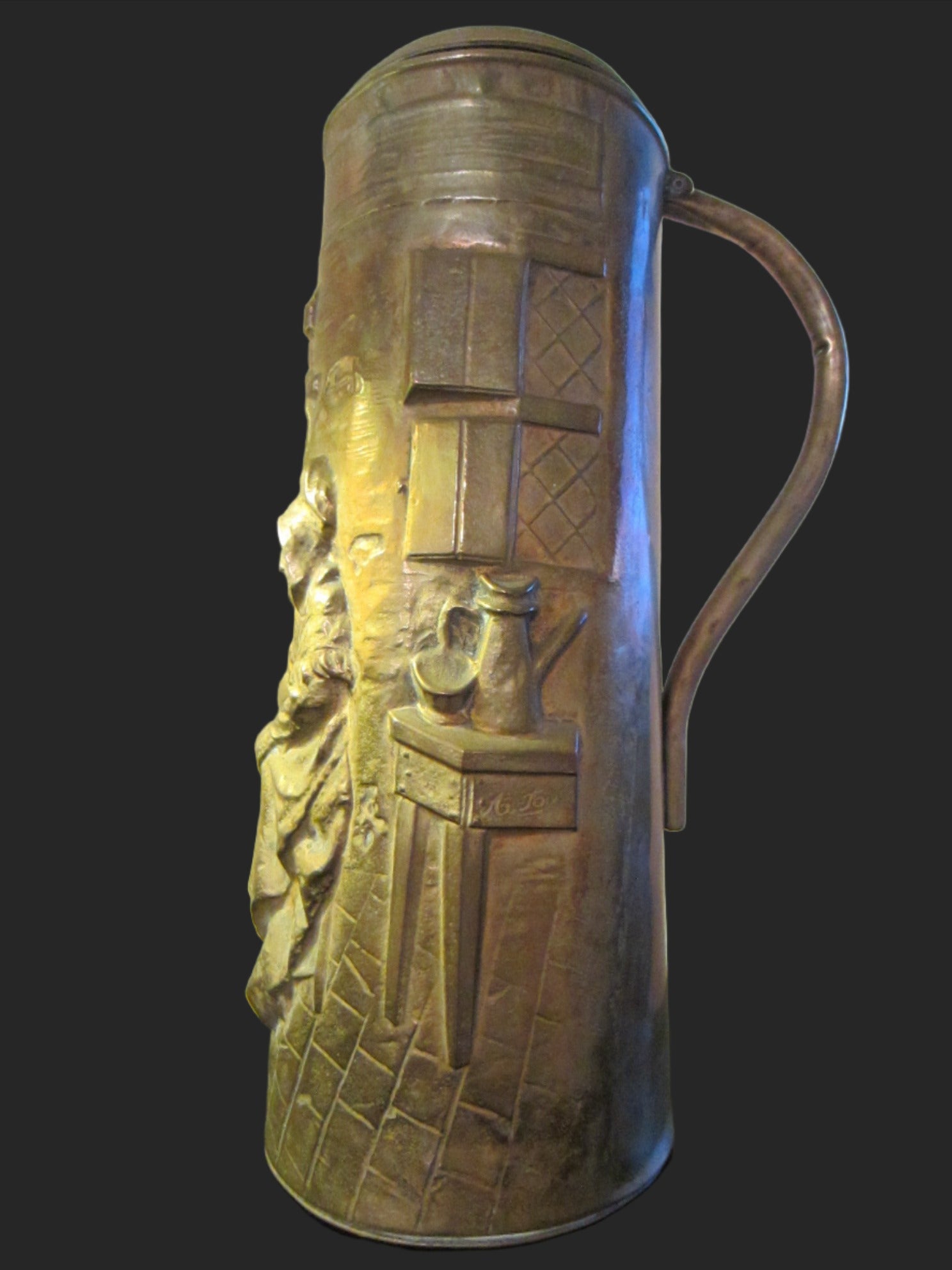 Brass Crested Tall Tankard Open Base High Relief Stein Artist Mongram - Designer Unique Finds 
 - 3